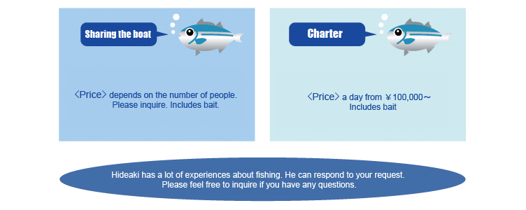 乗り合い（料金）人数により変わります。お問い合わせください。　チャーター（料金）1日チャーター代100,000円～父島お迎えなどによって違ってきます。詳しくはお問い合わせください。経験豊富な船長が、お客様のご要望にお応えします。お気軽にお申し付けください。