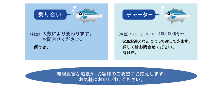 乗り合い（料金）人数により変わります。お問い合わせください。　チャーター（料金）1日チャーター代100,000円～父島お迎えなどによって違ってきます。詳しくはお問い合わせください。経験豊富な船長が、お客様のご要望にお応えします。お気軽にお申し付けください。